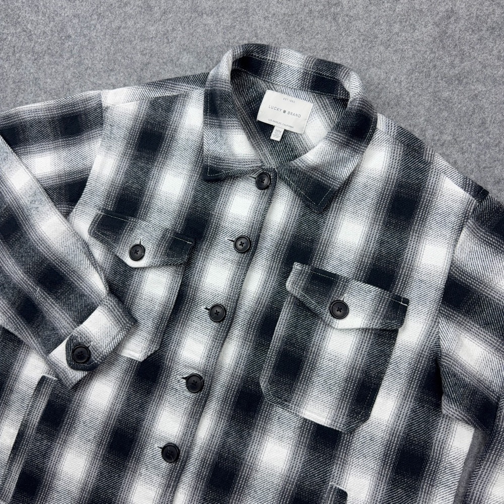 Lucky Brand Shacket Womens Medium Gray Black Plaid Flannel Shirt Jacket‎ Pockets